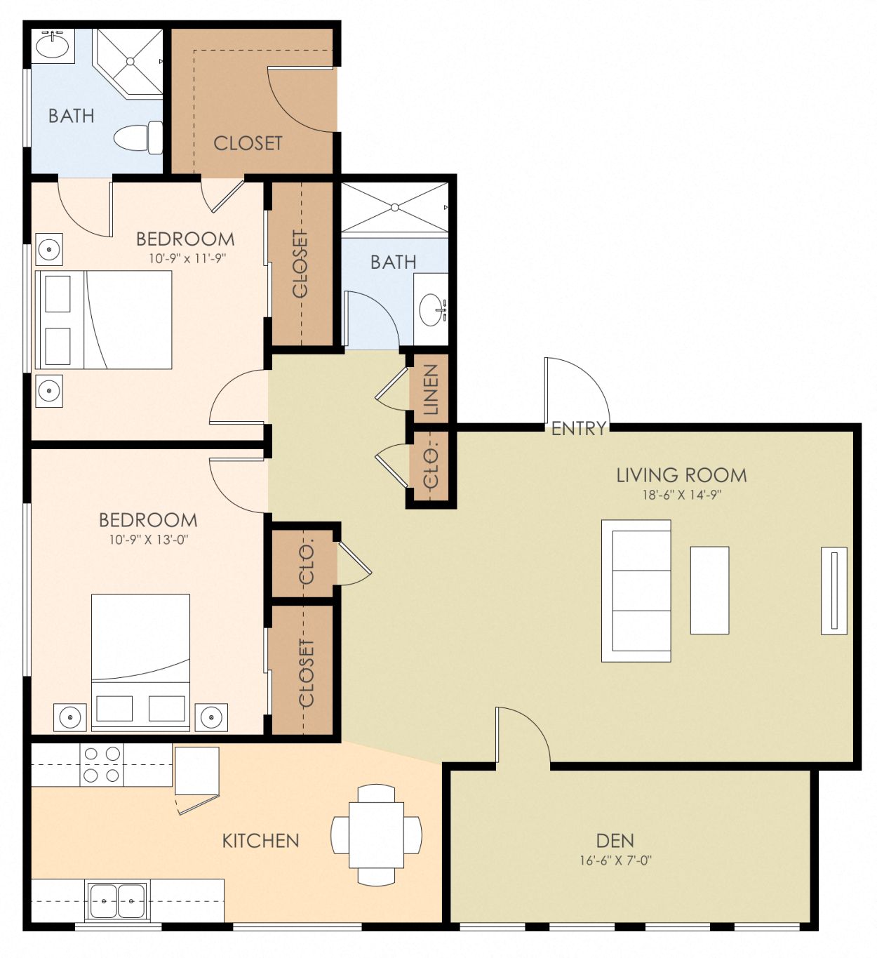 Floor plan for 2 beds, 2 baths, 1145 sqft